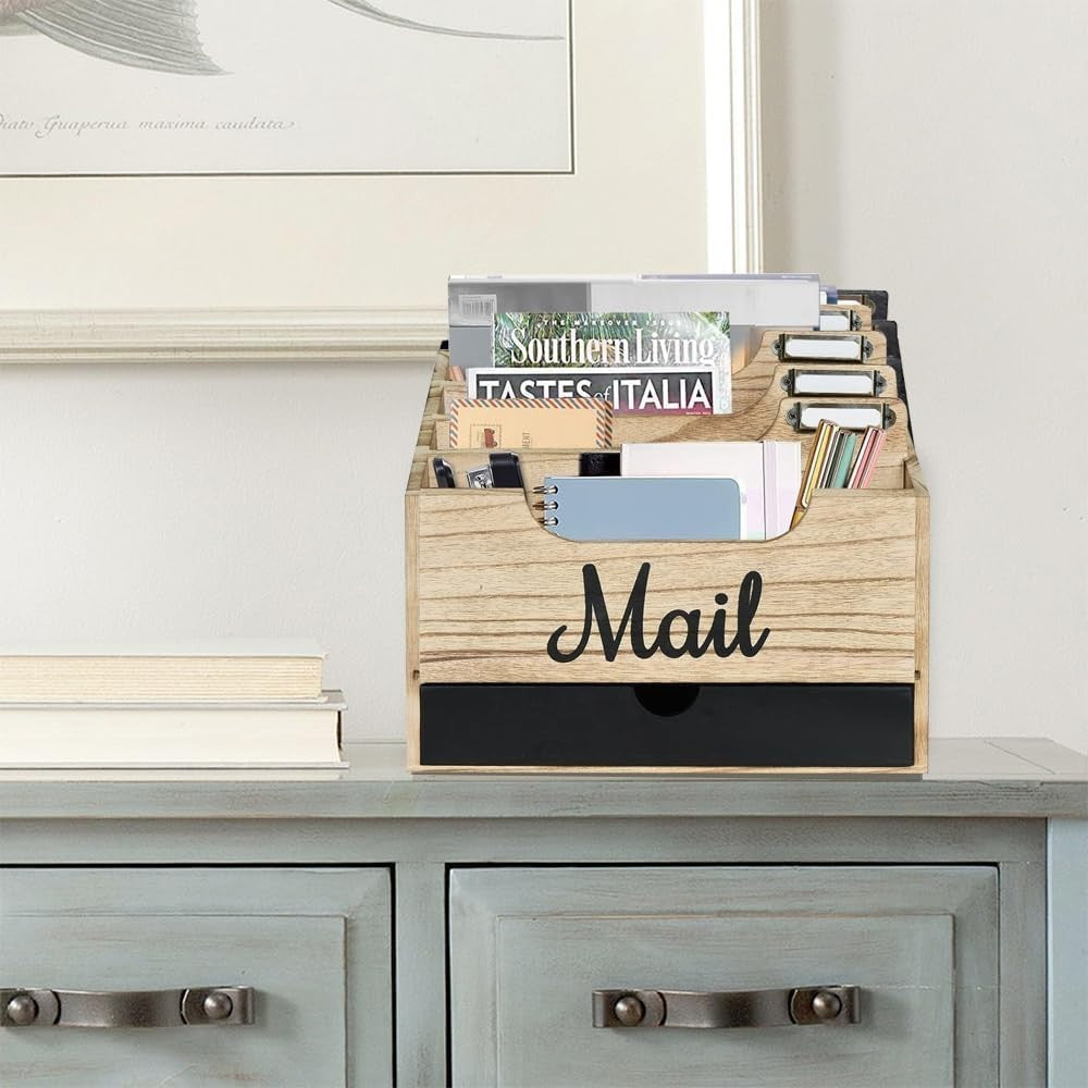 Wood Desktop Mail Organizer with 4 Compartments & Drawer, File Holder
