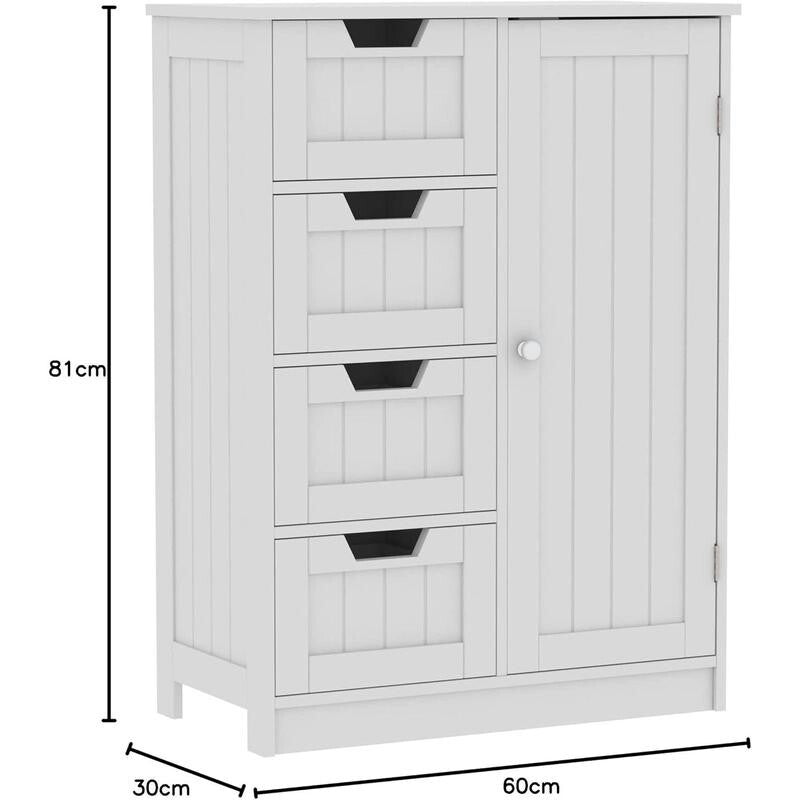 White Bathroom Cabinet 4 Drawer 1 Door Cupboard – Adjustable Shelf Storage