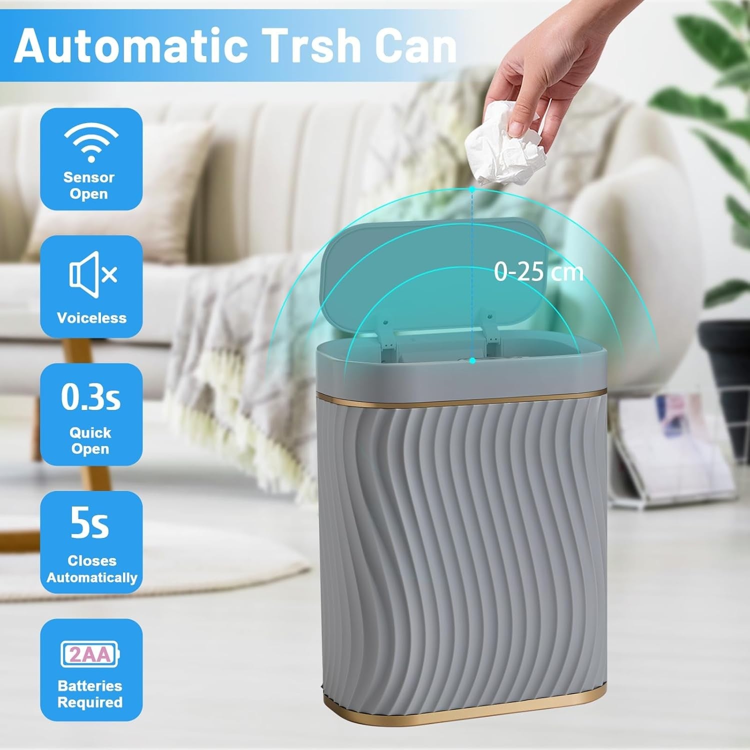2.6 Gallon Touchless Bathroom Bin Waterproof Slim Smart Trash Can Grey