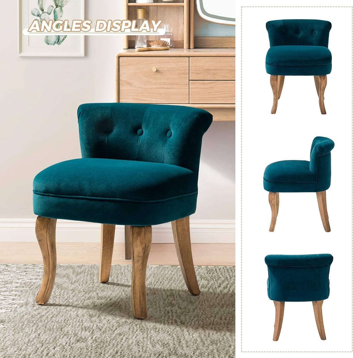 Set of 2 Teal Velvet Upholstered Vanity Chairs – Barrel Back with Wood Legs