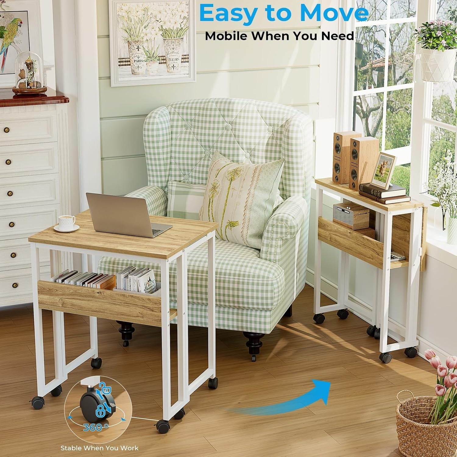 Small Folding Desk with Storage Shelf Rolling Computer Desk for Home Office