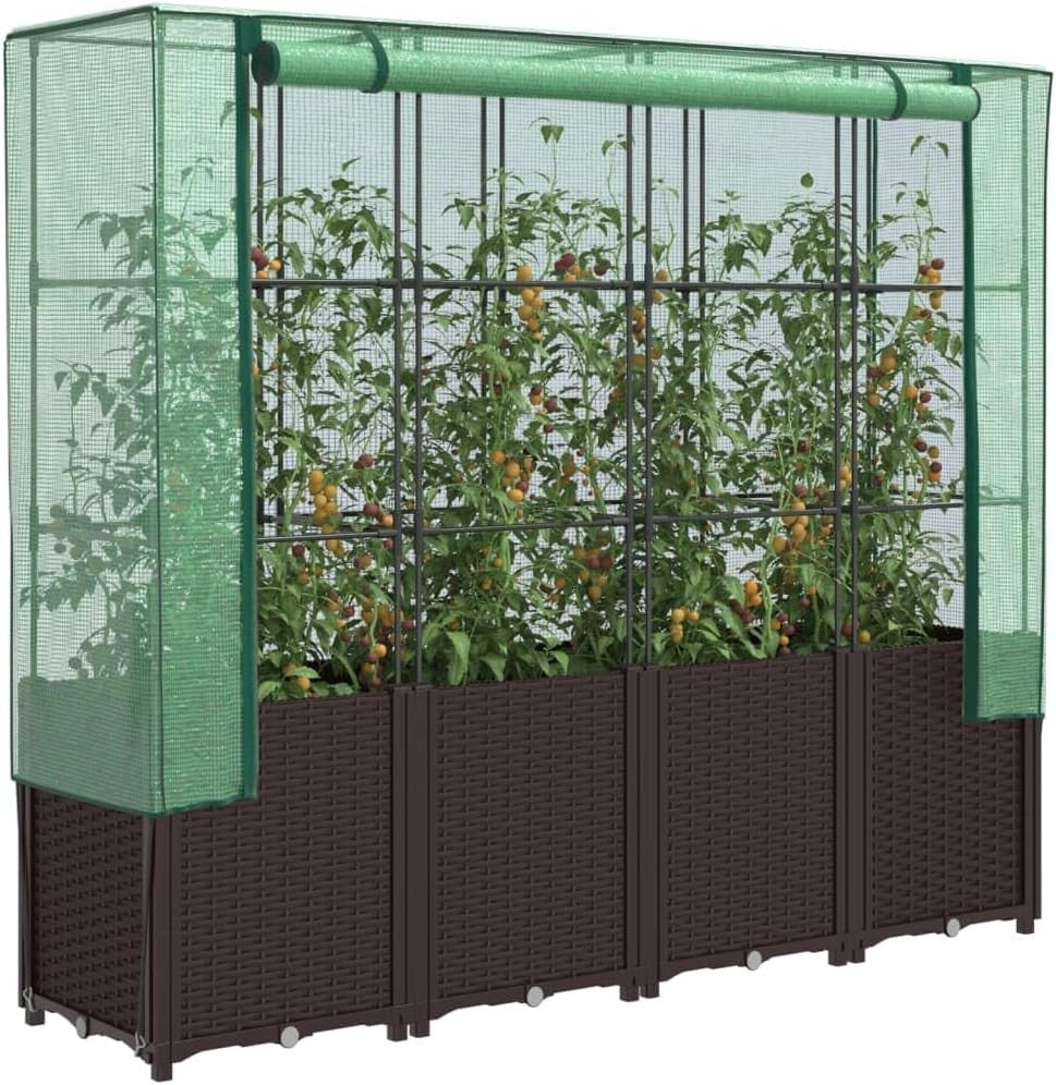 Raised Garden Bed Planter 160x40x53cm with Greenhouse Cover – Brown Rattan