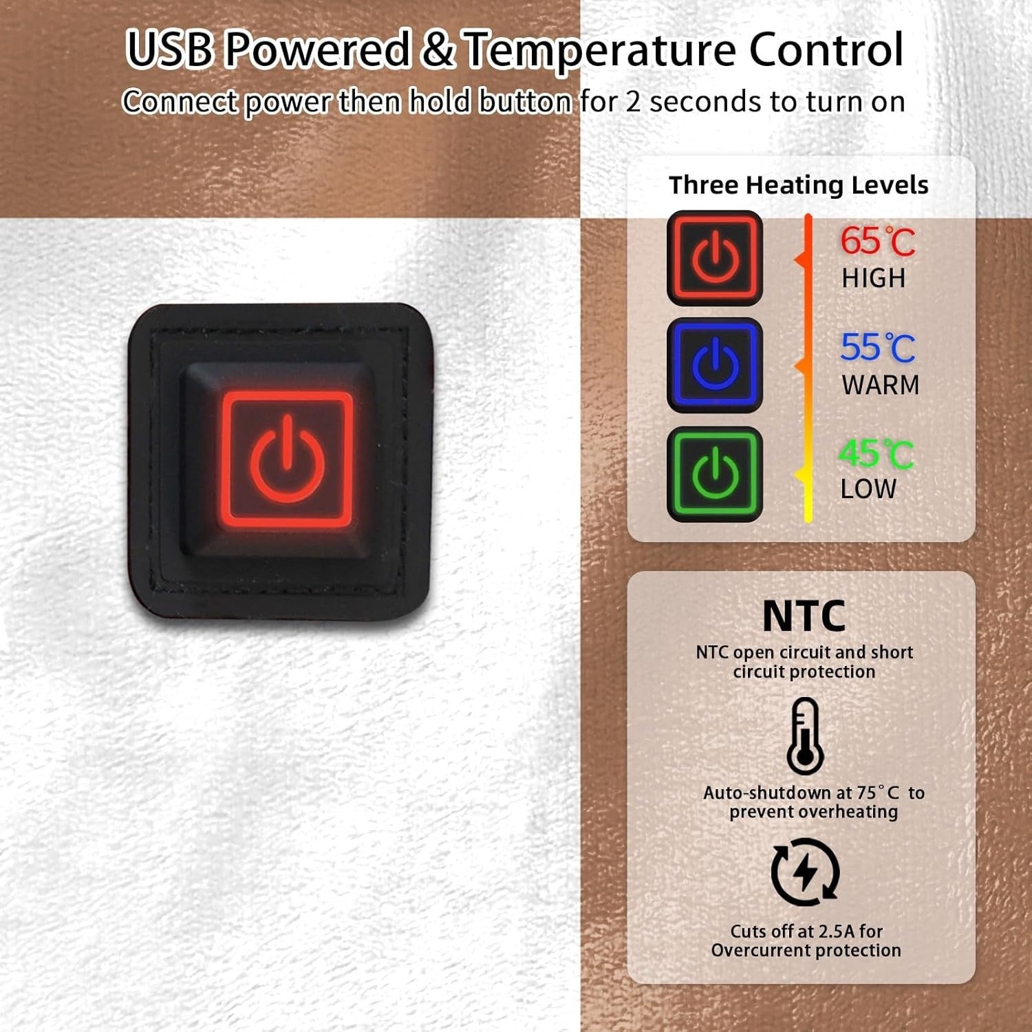 USB Heated Throw Blanket 50x60in Portable Electric Fleece 3 Heat Settings Travel