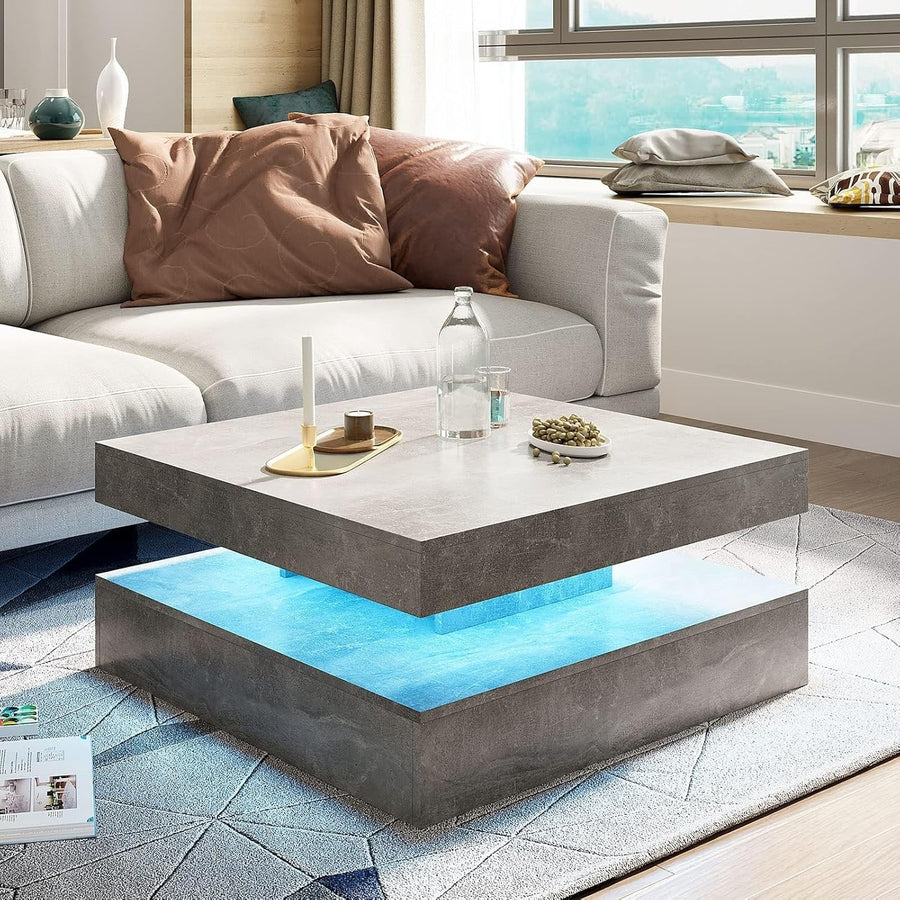 Grey Square LED Coffee Table with Storage, 2-Tier High Gloss 78x78cm