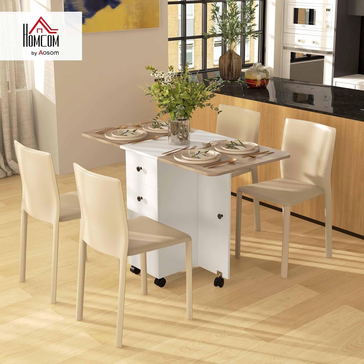 Folding Drop Leaf Dining Table 4-6 Seater on Wheels with Storage Oak and White