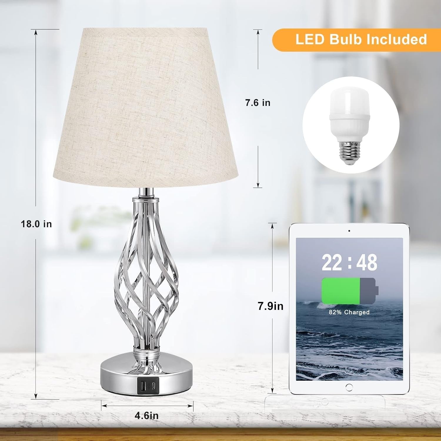 Touch Bedside Lamps Set of 2 USB Ports 3-Way Dimmable Beige Shades