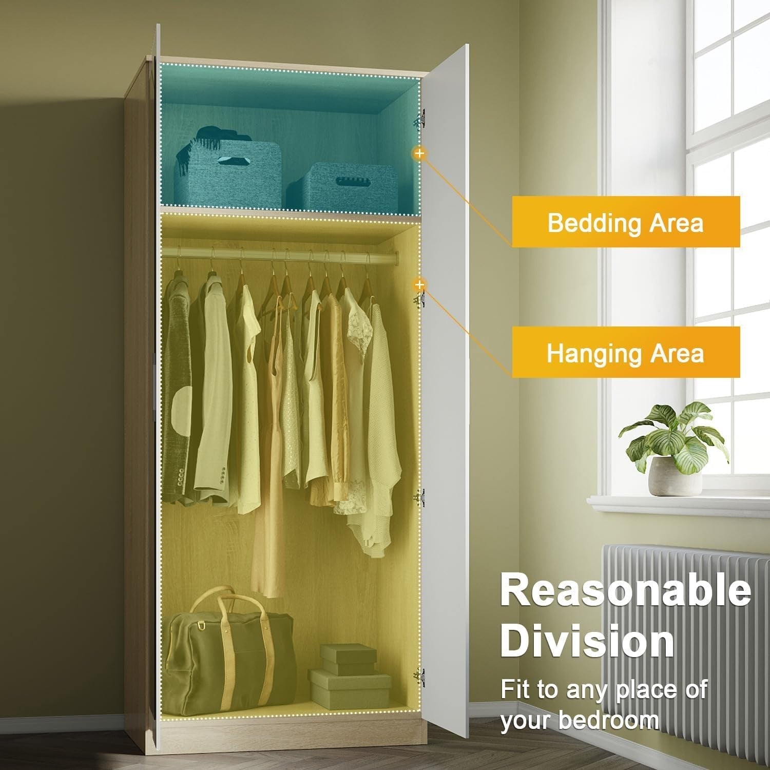 White Oak 2 Door Wardrobe with Full-Length Mirror Soft-Close Metal Handles