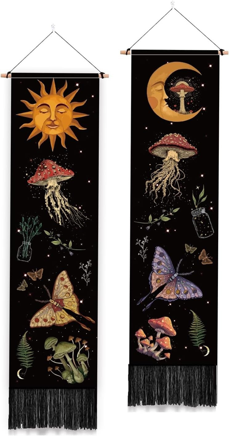 2-Pack Boho Sun Moon Mushroom Tapestry 52"x13" Vertical Decor