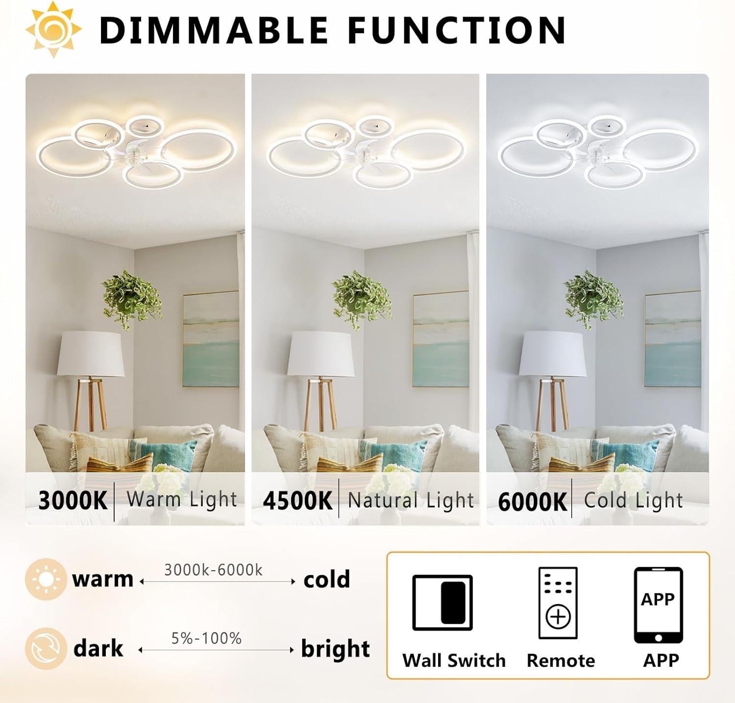 100cm Black Ceiling Fan with Light, 6-Speed, Dimmable, LED, Recessed