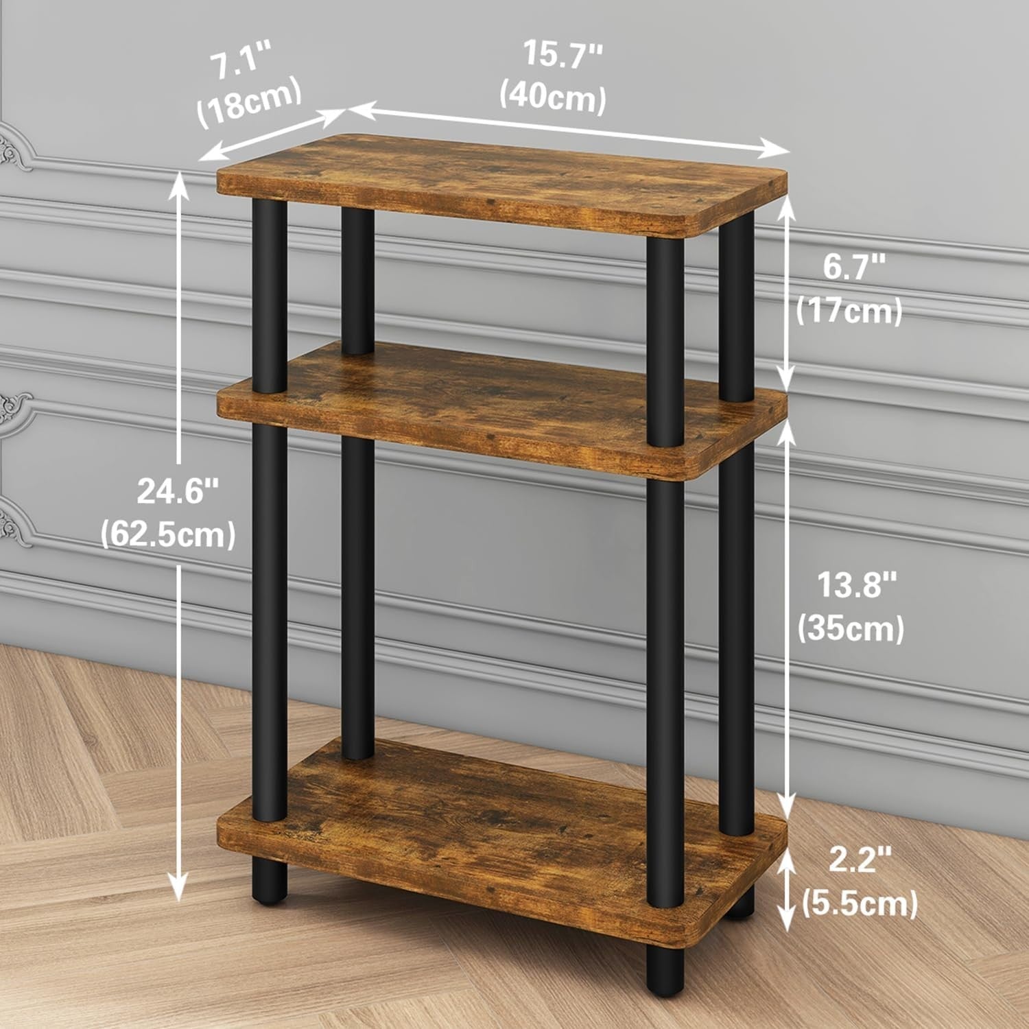 Compact Narrow Side Table with Storage Shelf, Slim, Rustic Brown, No-Tool Assemb