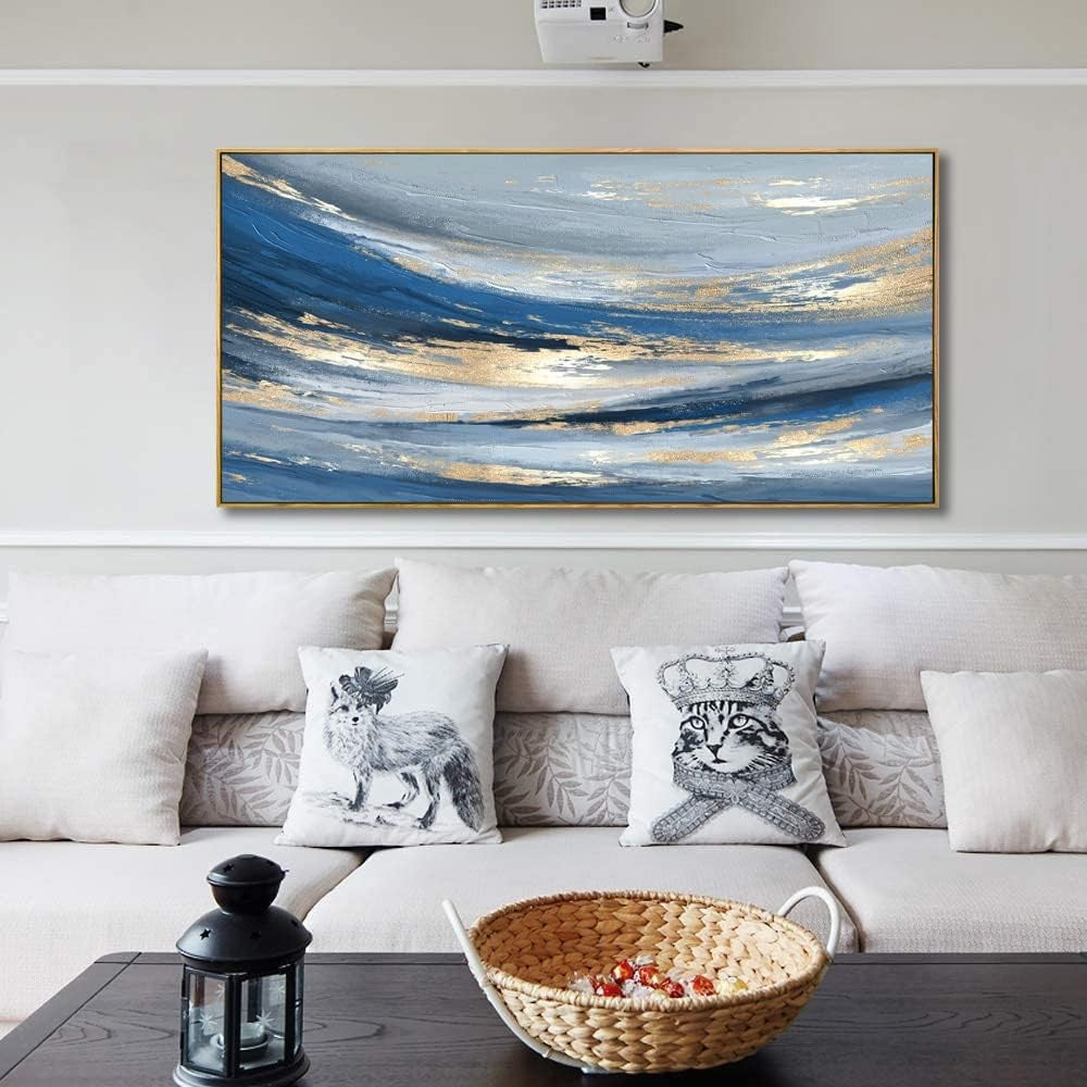 Large Blue Abstract Framed Canvas Wall Art 152x76cm Modern