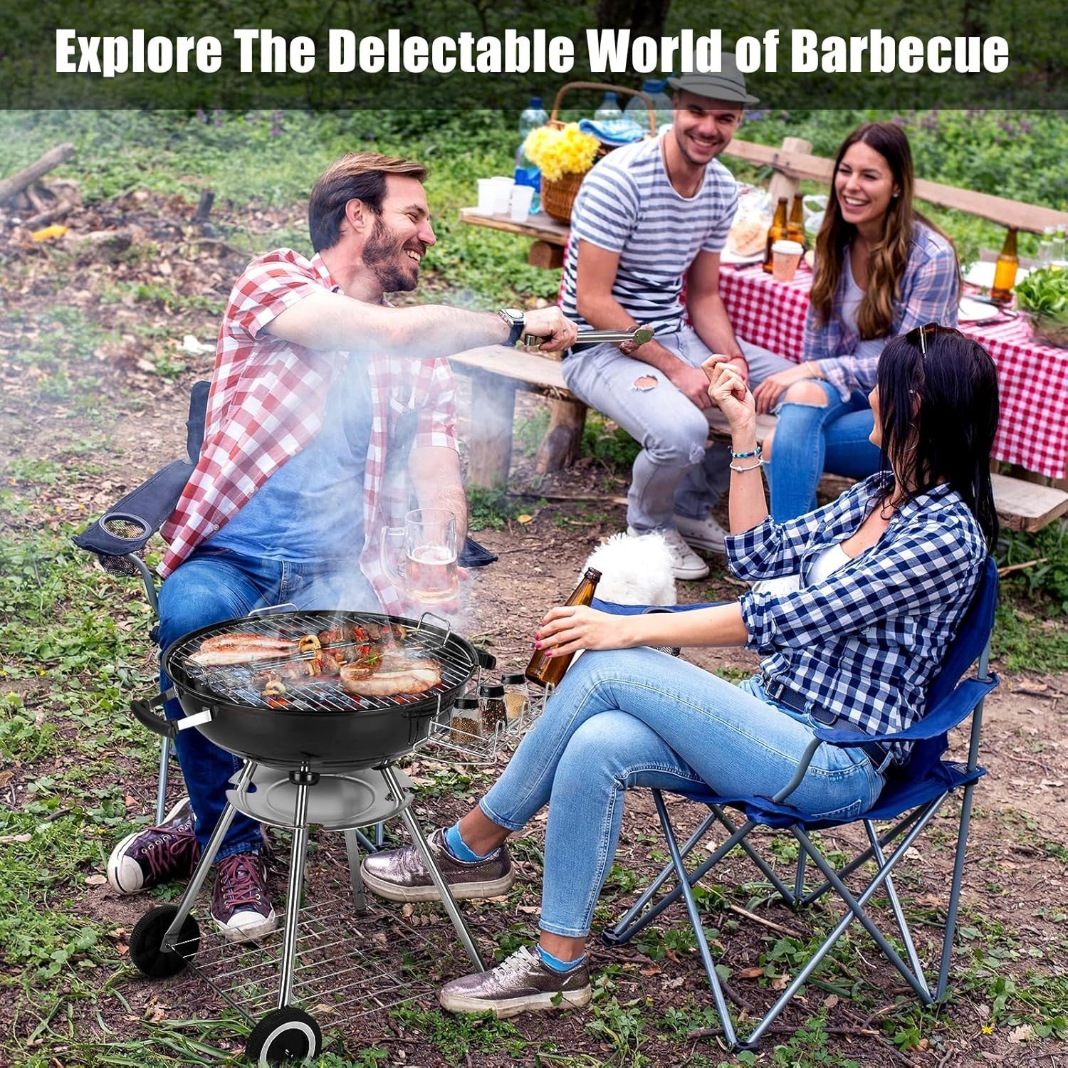 Large Charcoal BBQ Grill with Wheels & Thermometer, 28" Kettle Outdoor Garden