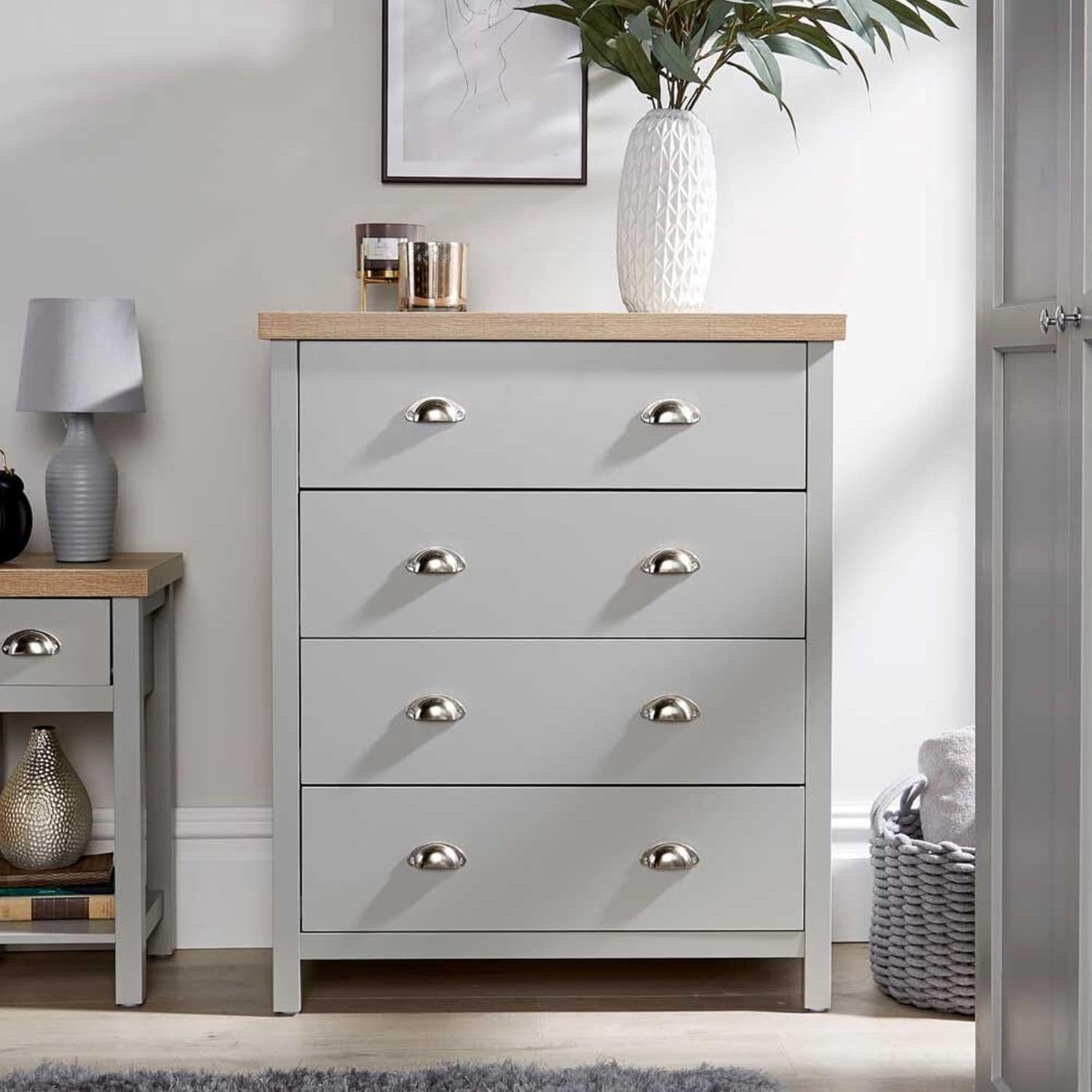 Grey 4 Drawer Chest Bedroom Storage Unit Modern Oak Effect Tall Cabinet