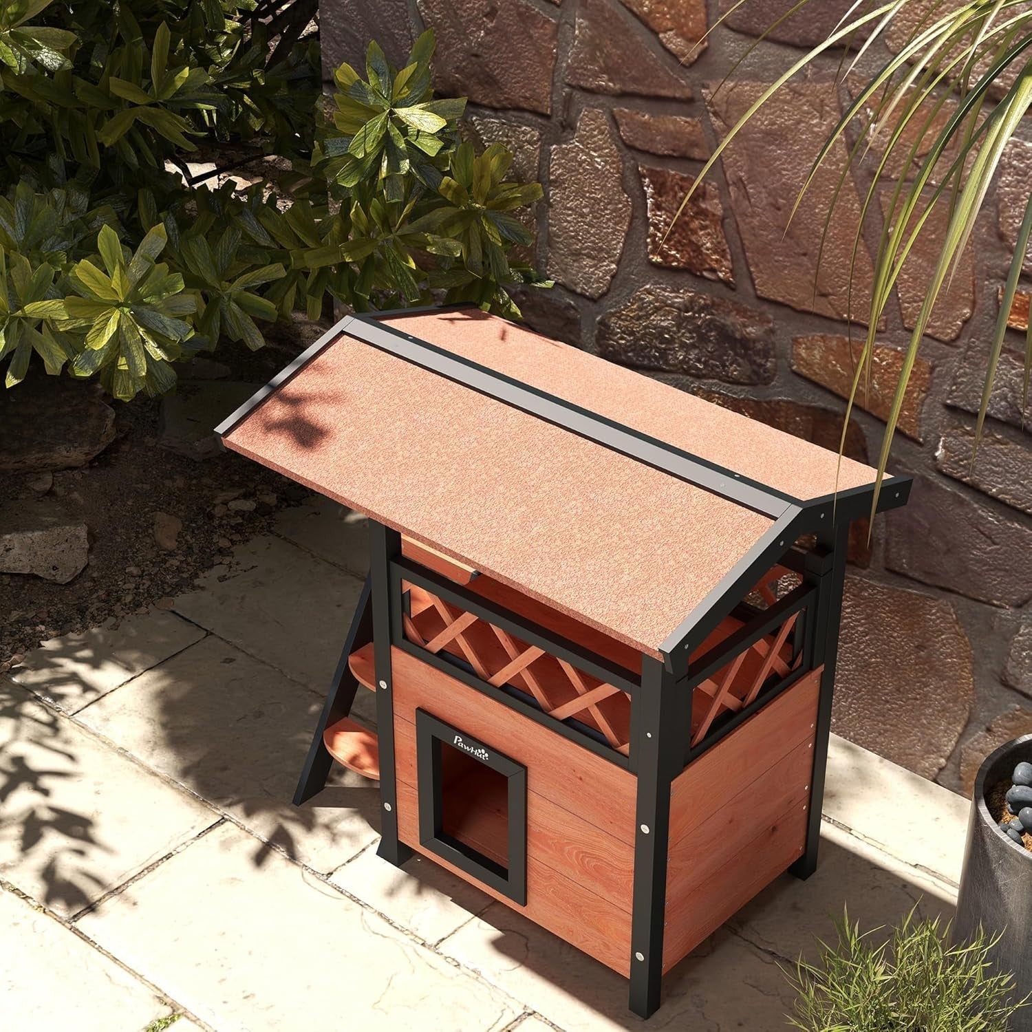 Outdoor Two-Tier Wooden Cat House with Balcony & Asphalt Roof, Weatherproof
