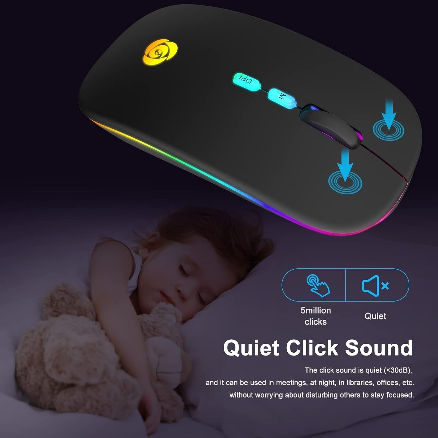 Wireless Bluetooth Mouse Rechargeable Silent RGB Type-C Black