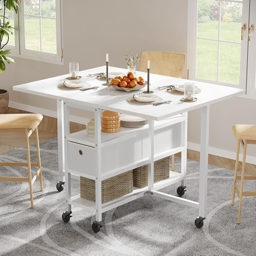 White Folding Dining Table Drop Leaf with Storage 120cm