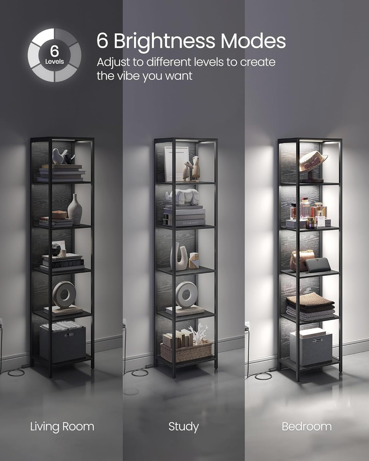 6-Tier LED Bookshelf Tall Storage Unit with Dimmable Lights Modern Display Shelf