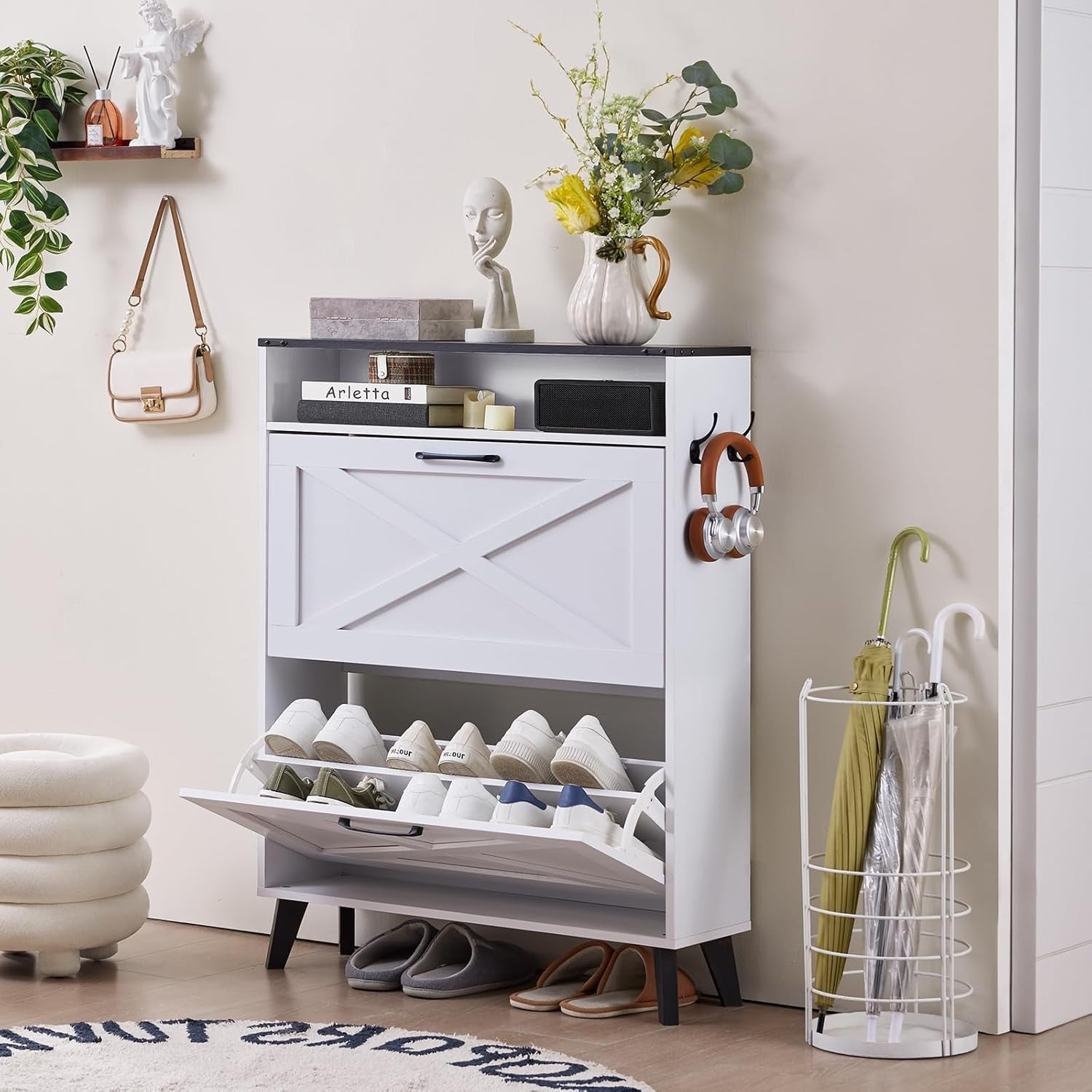 Slim White Two-Flip Door Shoe Cabinet – Space-Saving, Anti-Tip Design