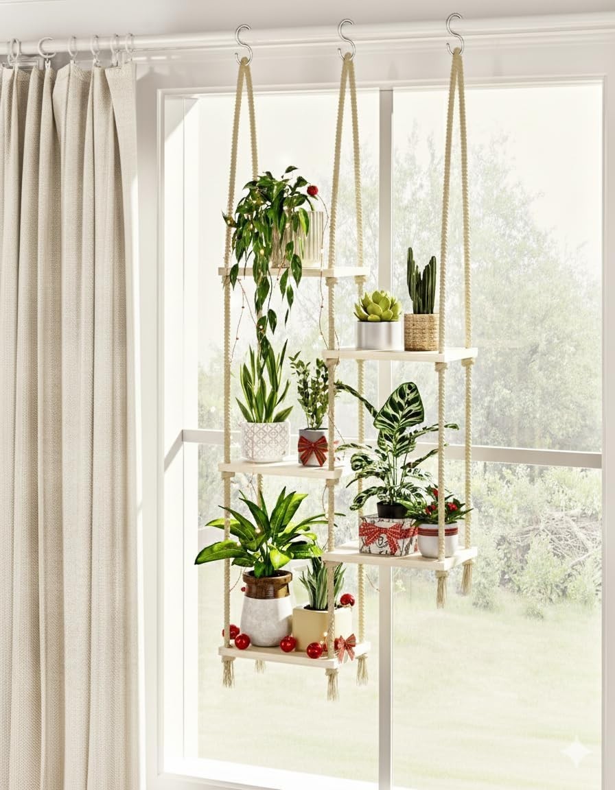 5-Tier Boho Hanging Window Plant Shelf Wooden Indoor Decor