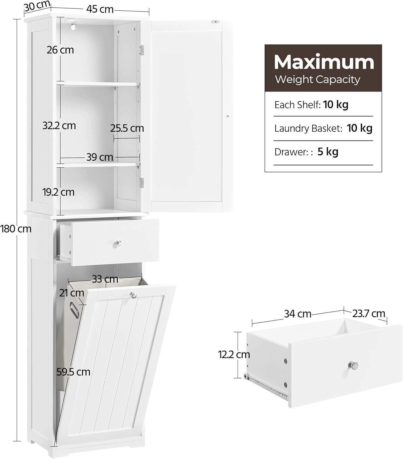 Tall Bathroom Cabinet with Tilt-Out Laundry Basket & Storage Shelves | 180cm Whi