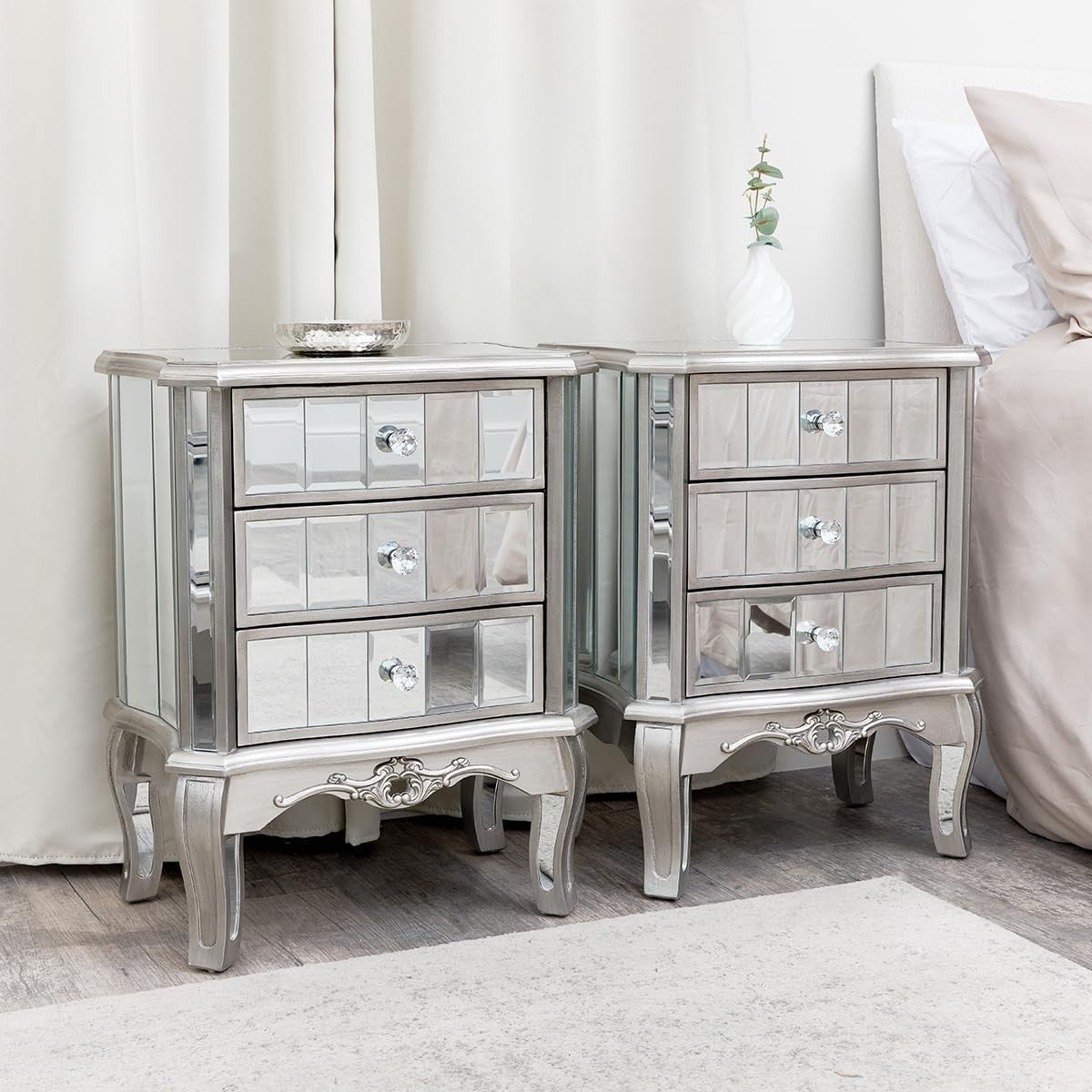 Set of 2 Mirrored Bedside Tables with 3 Drawers | Luxury Silver Nightstands