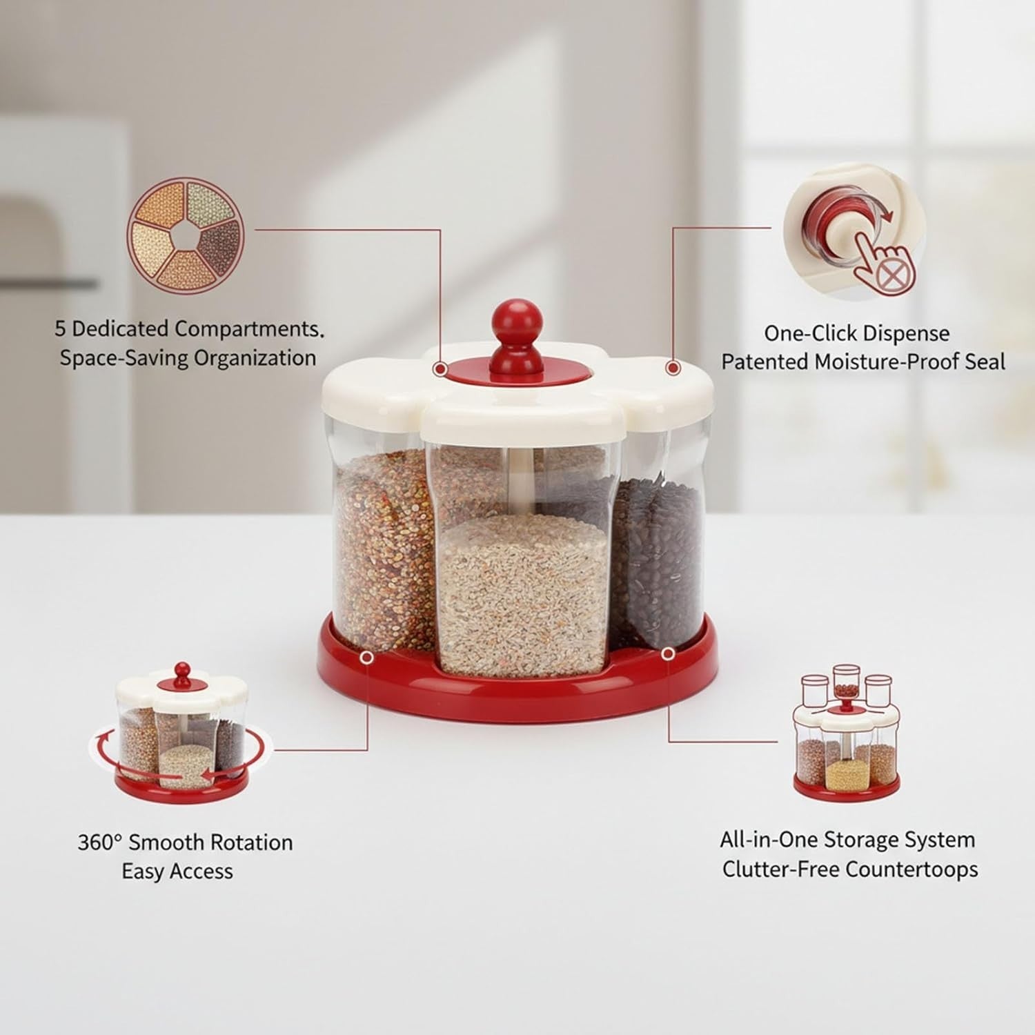 5 Grid Rotating Rice Dispenser Airtight Grain Storage Container Red