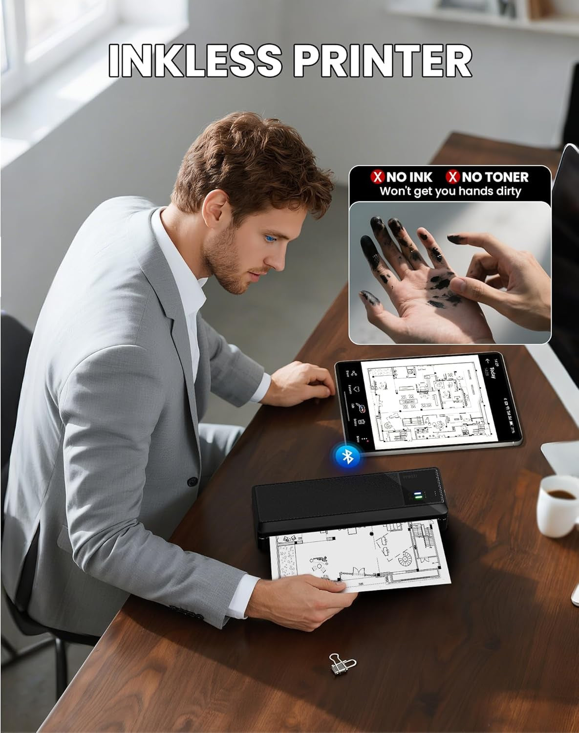 Portable A4 Thermal Printer Bluetooth Inkless Wireless