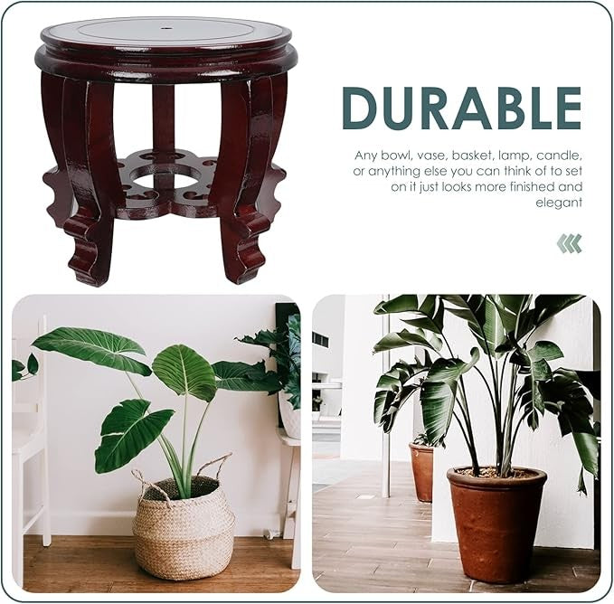 Wooden Plant Stand Round Carved Vase Holder Indoor Display Table Stool Brown