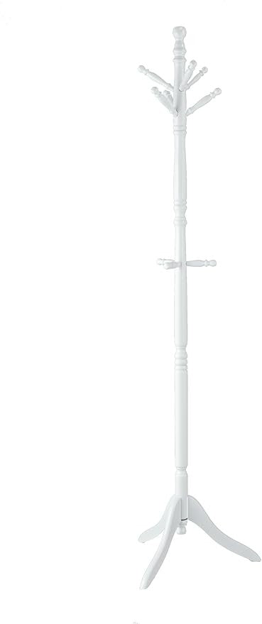 White Wooden Coat Rack Stand with 9 Hooks | Freestanding Solid Wood Hallway