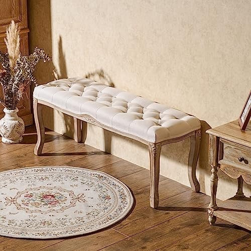 French Vintage Upholstered Ottoman Bench 112cm Padded Seat Footstool Beige