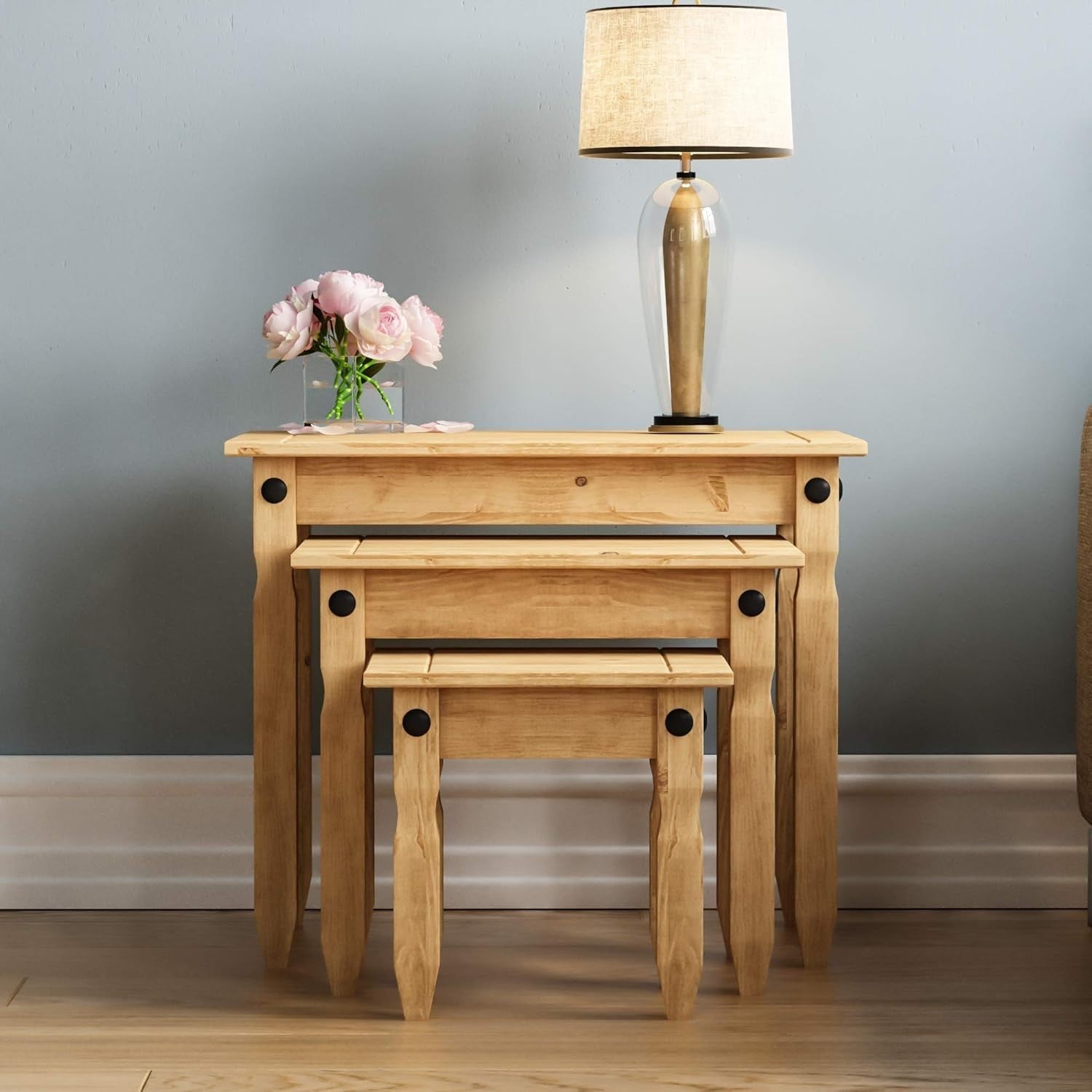 3x Pine Nest of Tables Set Solid Wood Distressed Wax Finish Side End Coffee