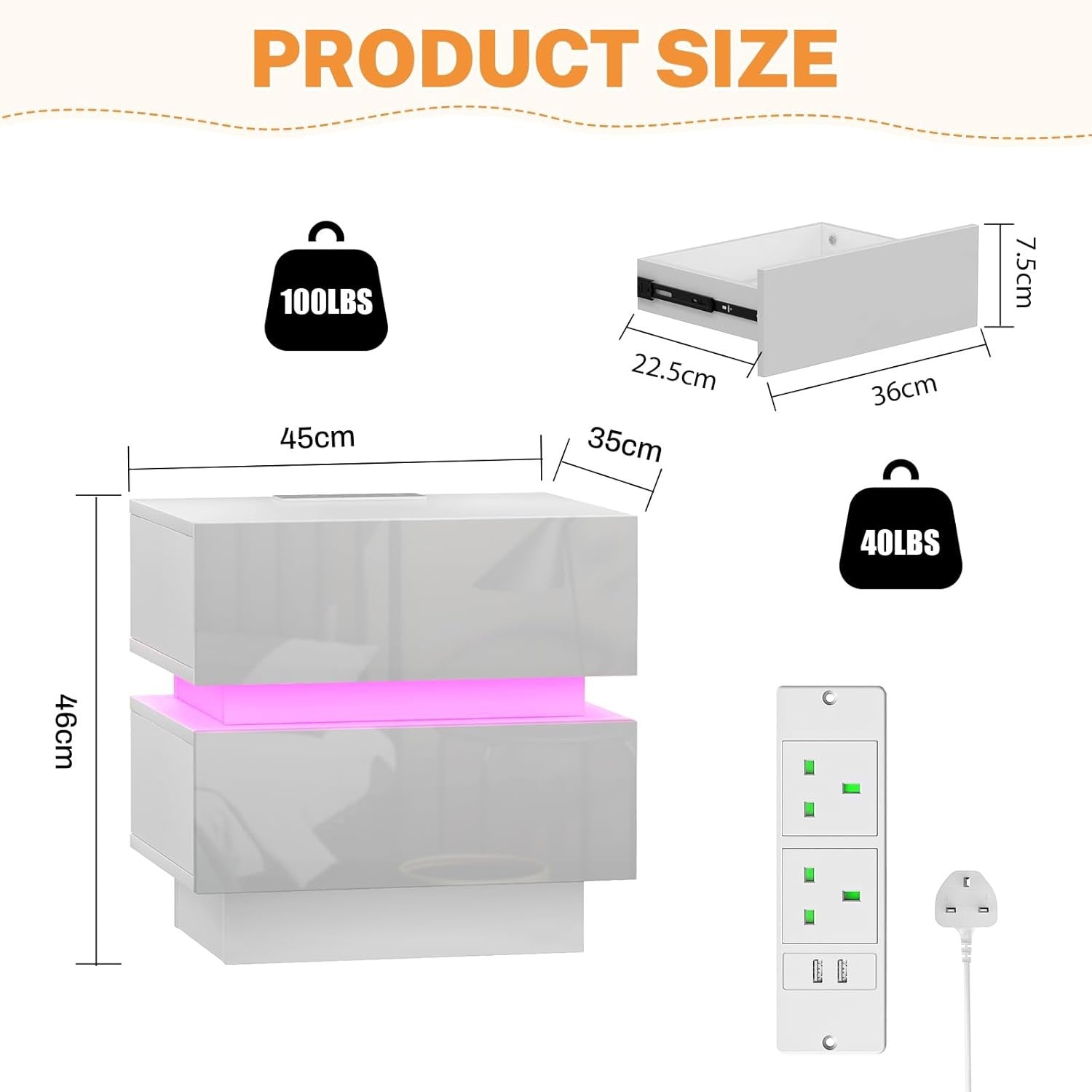 White LED Bedside Table with Charging Station 2-Drawer Modern Nightstand