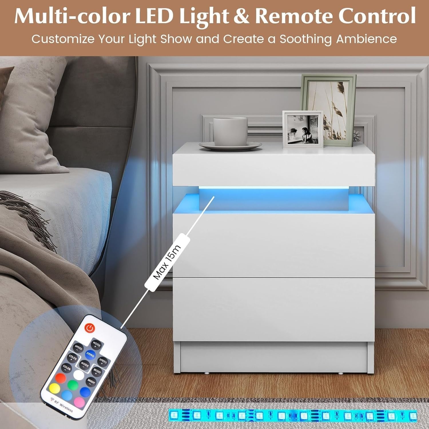 LED Bedside Table, White High Gloss Nightstand with RGB Lights & 2 Drawers