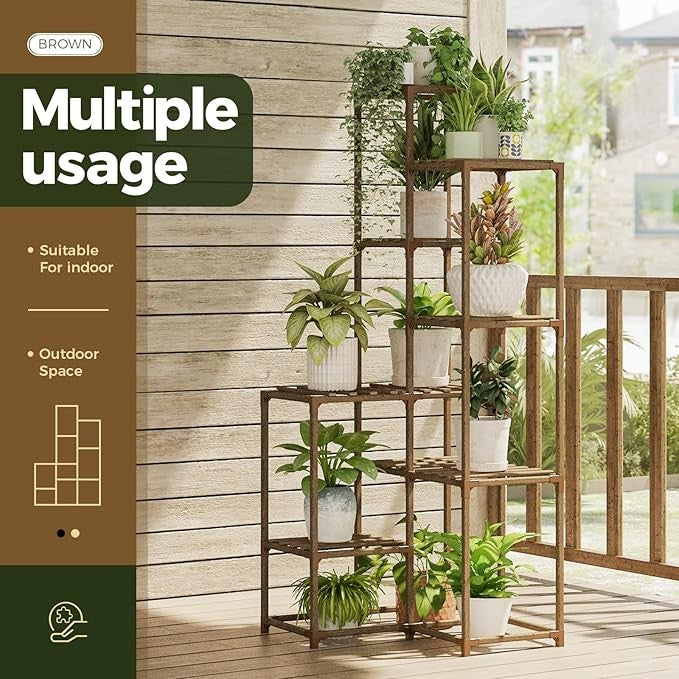 7 Tier Tall Wooden Plant Stand Indoor Outdoor Flower Shelf for Multiple Pots
