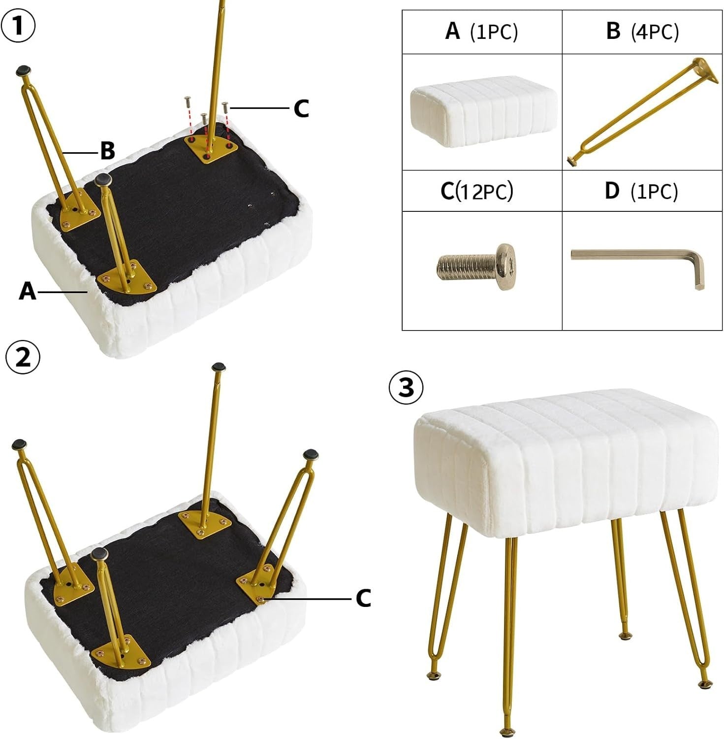 White Velvet Rectangular Footrest Ottoman – Vanity Stool with Gold Legs