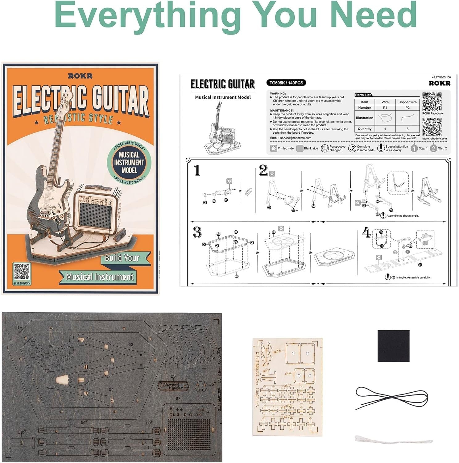 3D Wooden Guitar Puzzle Model Kit – DIY Craft, Musical Instrument Decor