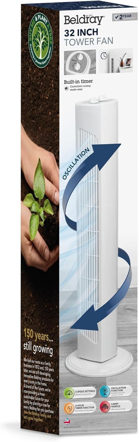 32" Tower Fan – 3-Speed Quiet Oscillating Cooling Fan w/ Timer & Handle White
