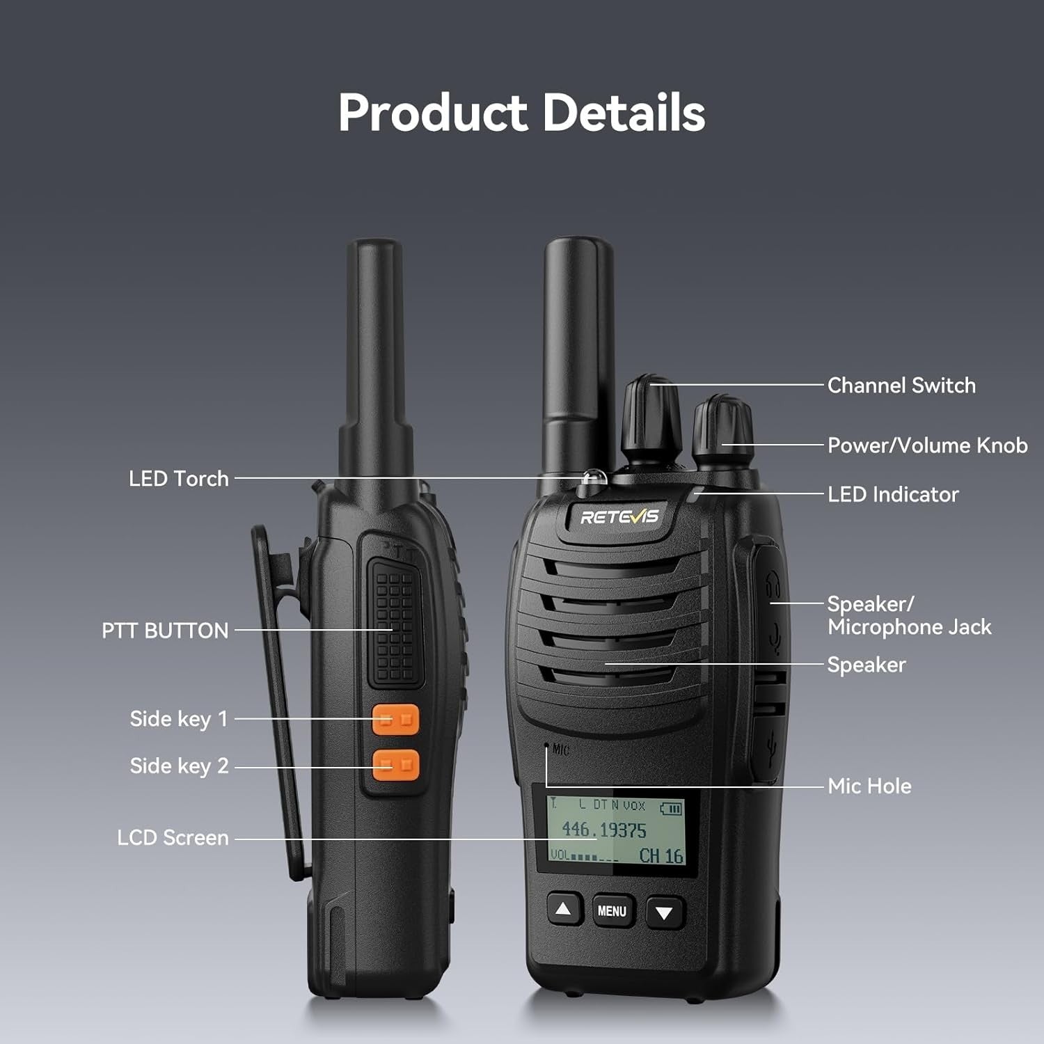 Walkie Talkies 3 Pack Long Range LCD Screen USB-C Rechargeable VOX