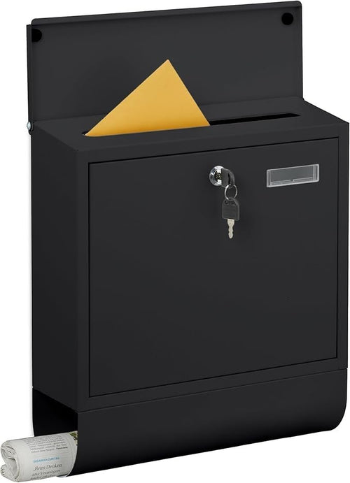 Lockable Wall Mounted Post Box with Newspaper Holder – Black Metal Mailbox