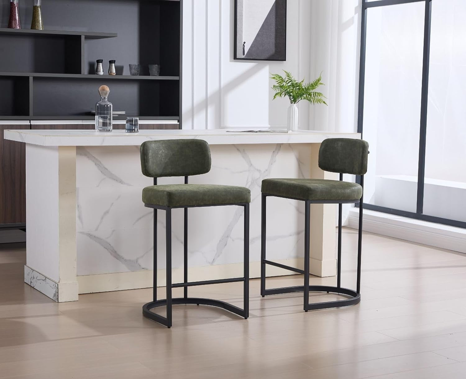 PU Leather Bar Stools Set of 2 Green Modern Counter Height Chairs