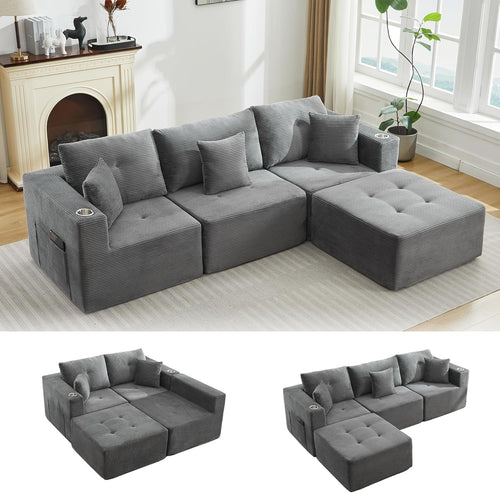 Grey Corduroy L-Shaped Sofa | Cup Holder | No Assembly | Deep Seat Couch
