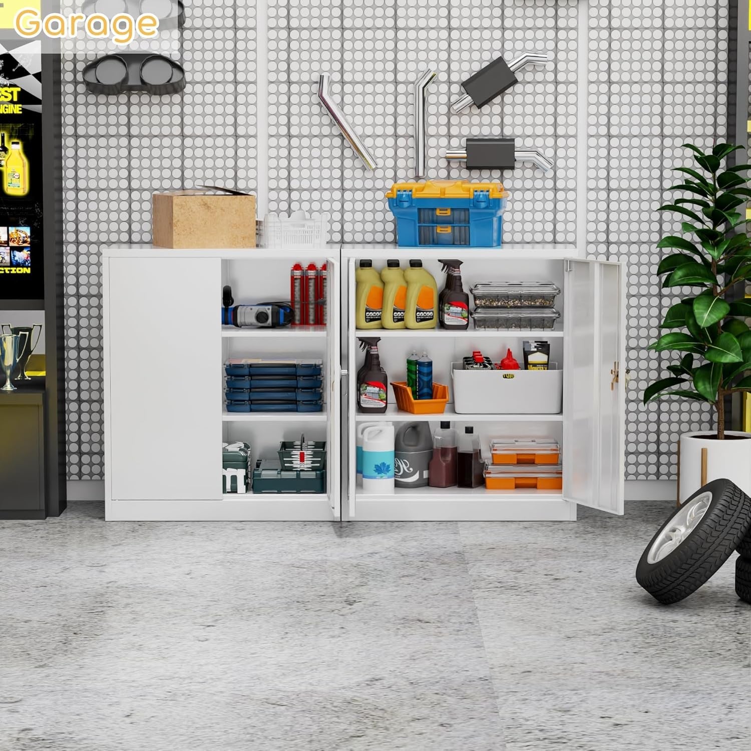 Metal Storage Cabinet with Lock Doors 2 Adjustable Shelves Home Office White