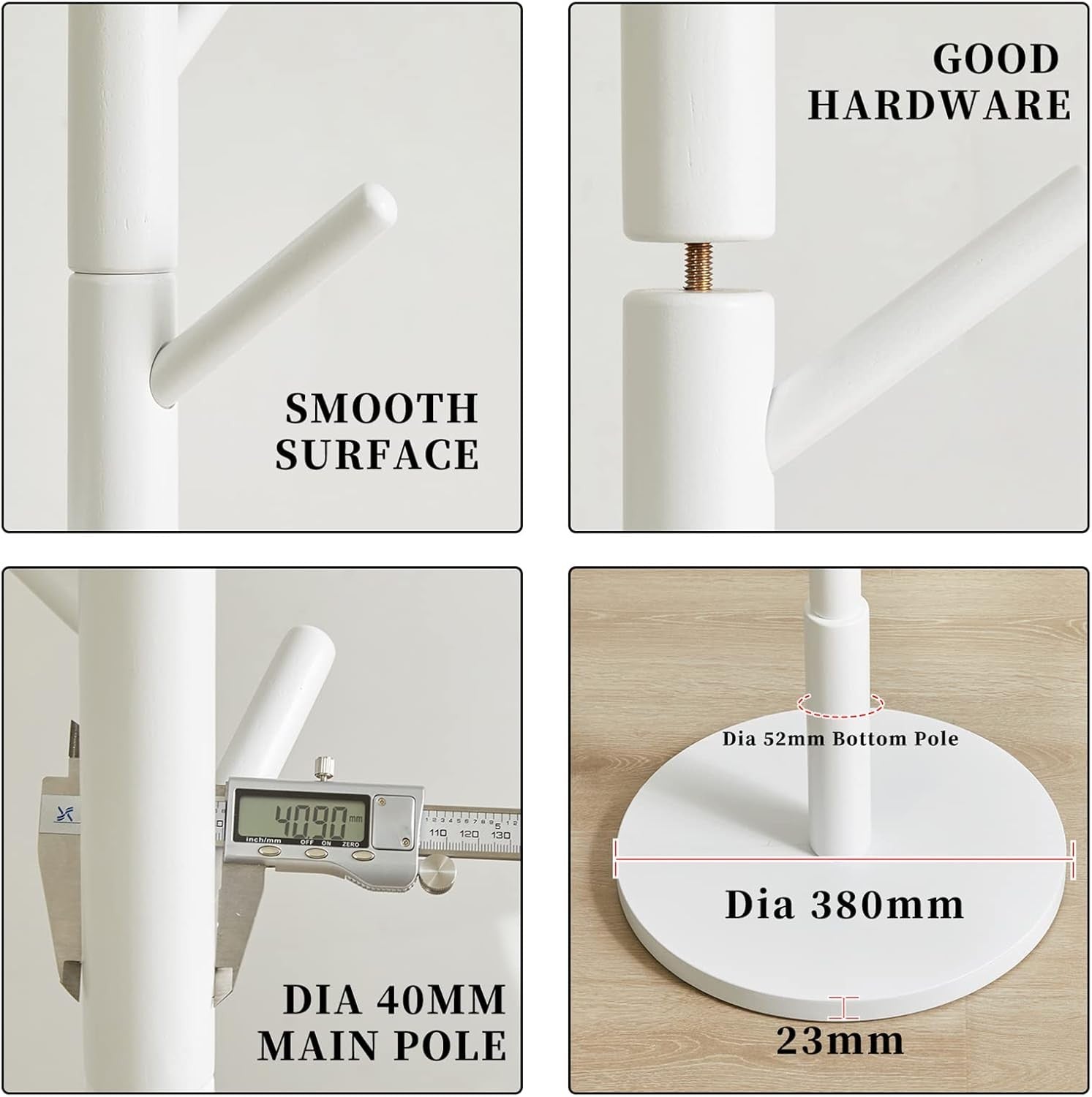 Modern White Wooden Coat Rack 8 Hooks Adjustable Height Free Standing Hanger