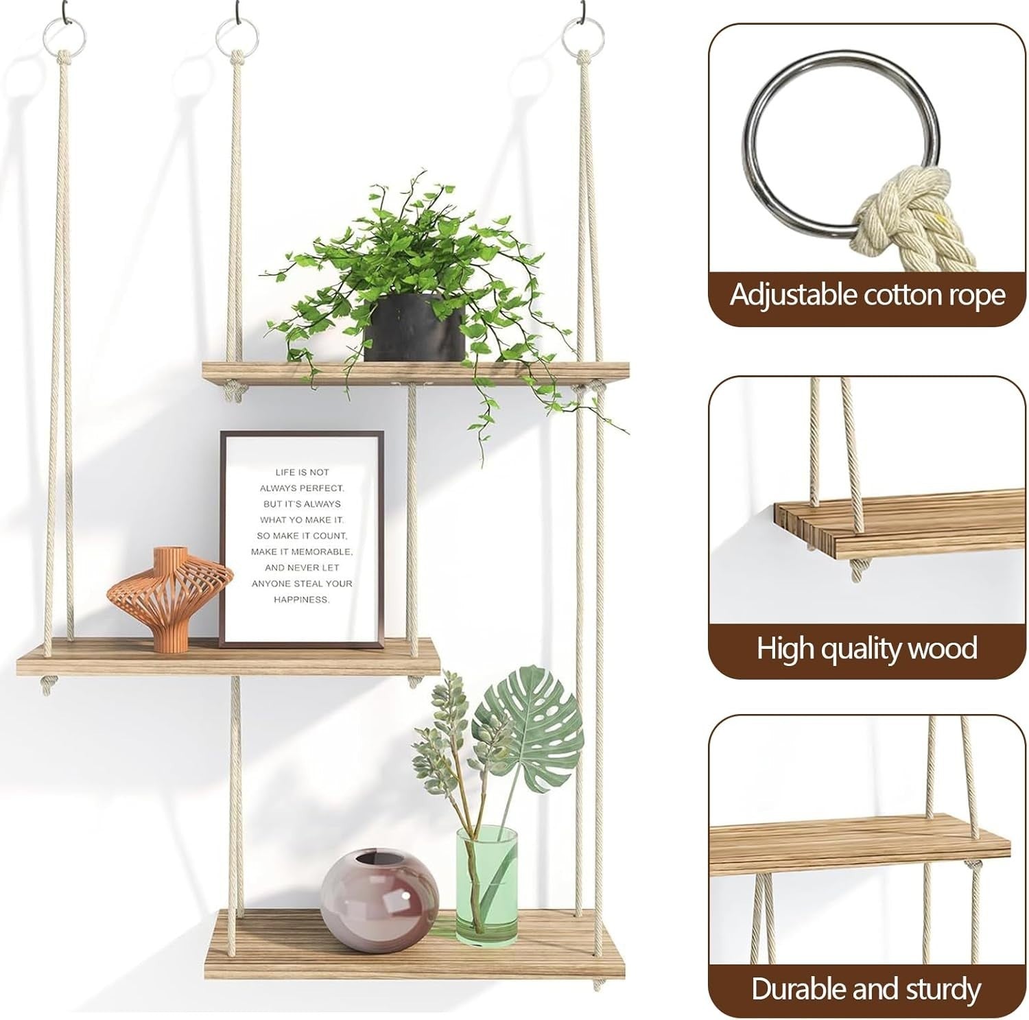 3-Tier Boho Wood Hanging Wall Shelf Floating Storage Rack
