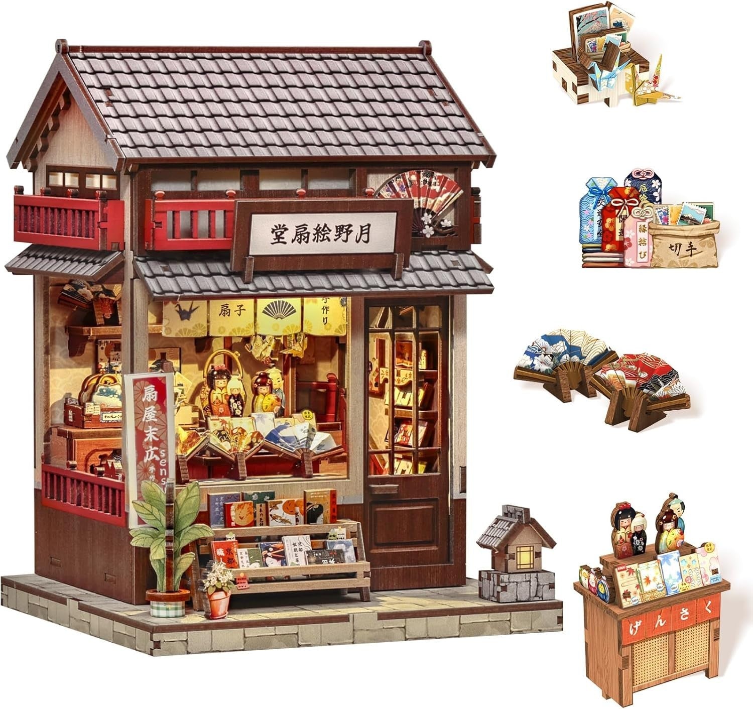 DIY Book Nook Kit Japanese Fan House LED Miniature Bookend Decor
