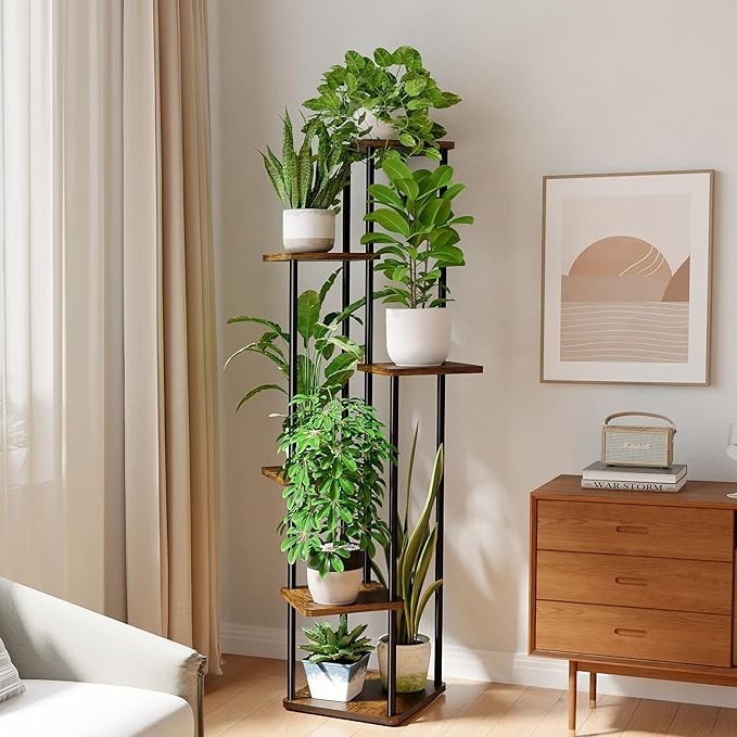 6 Tier Metal Wood Plant Stand Indoor Outdoor Corner Flower Shelf 59x30x130cm