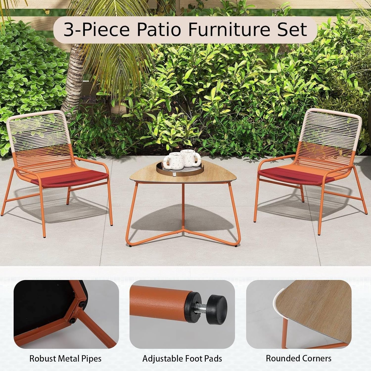 3pc Outdoor Rattan Bistro Chairs with Side Table Modern Balcony Garden Set