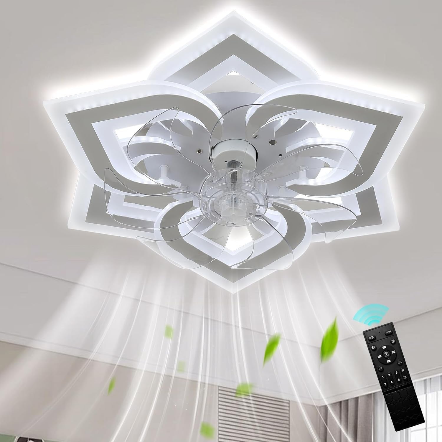 Low Profile LED Ceiling Fan, 6 Speeds, Dimmable Light, White