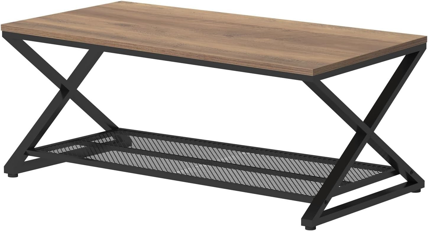 Rustic Oak Industrial Coffee Table with Mesh Shelf – 2 Tier Wooden Living Room