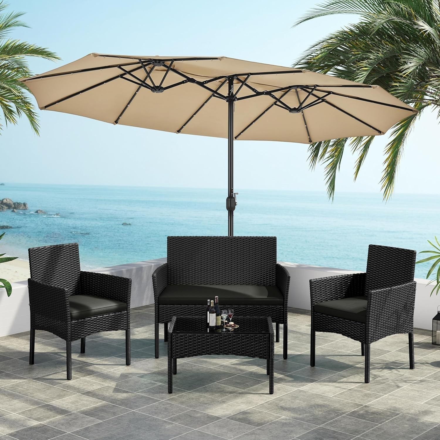 4-Piece Outdoor Patio Rattan Sofa Set with Glass Table, Cushioned Garden Lounge